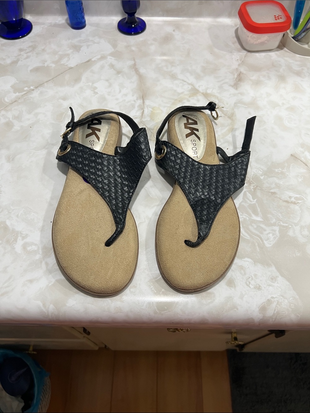 Anne Klein Sport Black Woven Thong Sandals with Tan Footbed